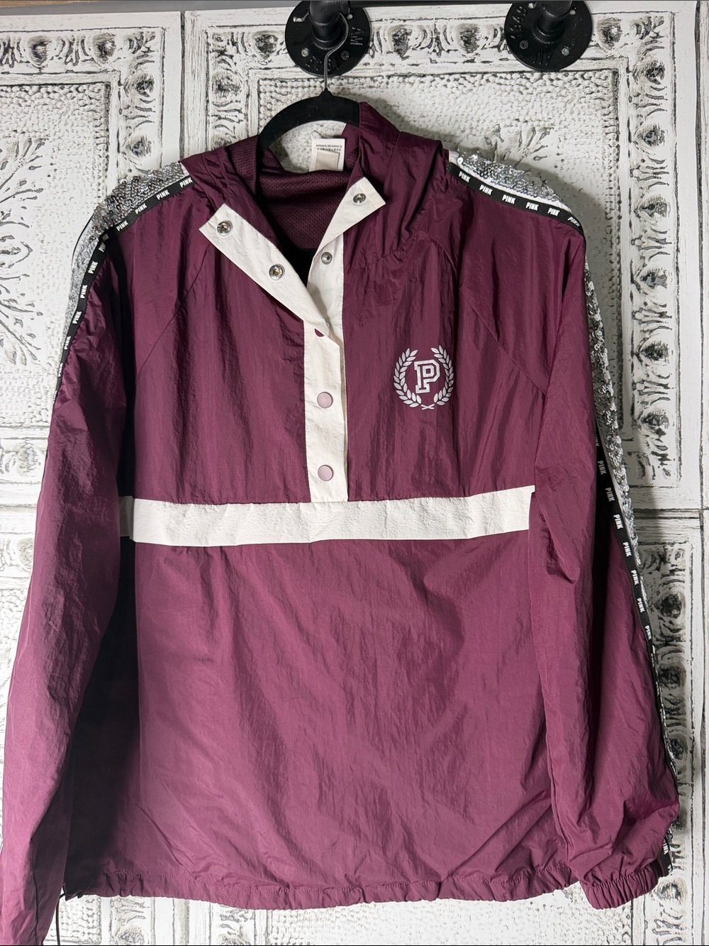 PINK Victoria's Secret Maroon and White Half-Zip Anorak